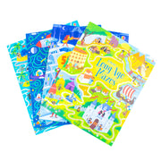 Set of four Usborne Maze Series books by Sam Smith and Kirsteen Robson, featuring superhero, pirate, historical, and space maze illustrations.
