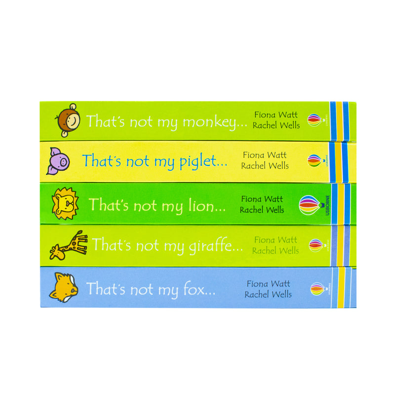 Set of five Usborne touchy-feely "That's Not My..." books featuring fox, giraffe, lion, piglet, and monkey by Fino Watt.