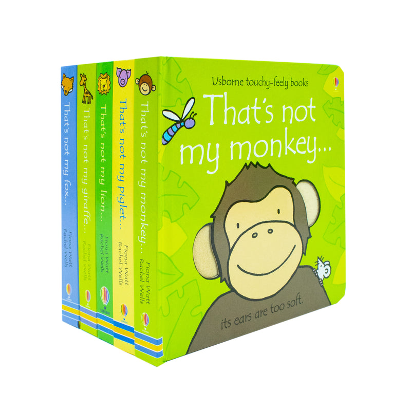 Set of five Usborne touchy-feely "That's Not My..." books featuring fox, giraffe, lion, piglet, and monkey by Fino Watt.