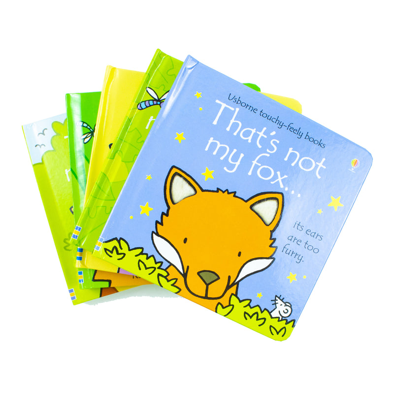 Set of five Usborne touchy-feely books from the That's Not My... Collection 3, featuring fox, giraffe, lion, piglet, and monkey.