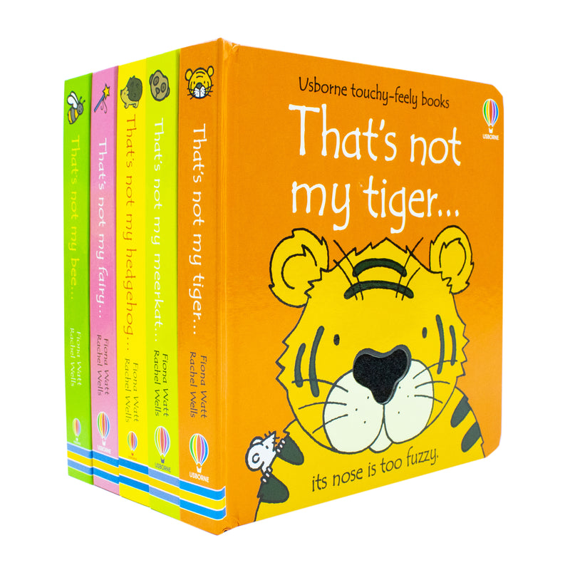 Set of six Usborne Touchy-Feely books from the That's Not My... collection featuring Bee, Fairy, Hedgehog, Meerkat, and Tiger.