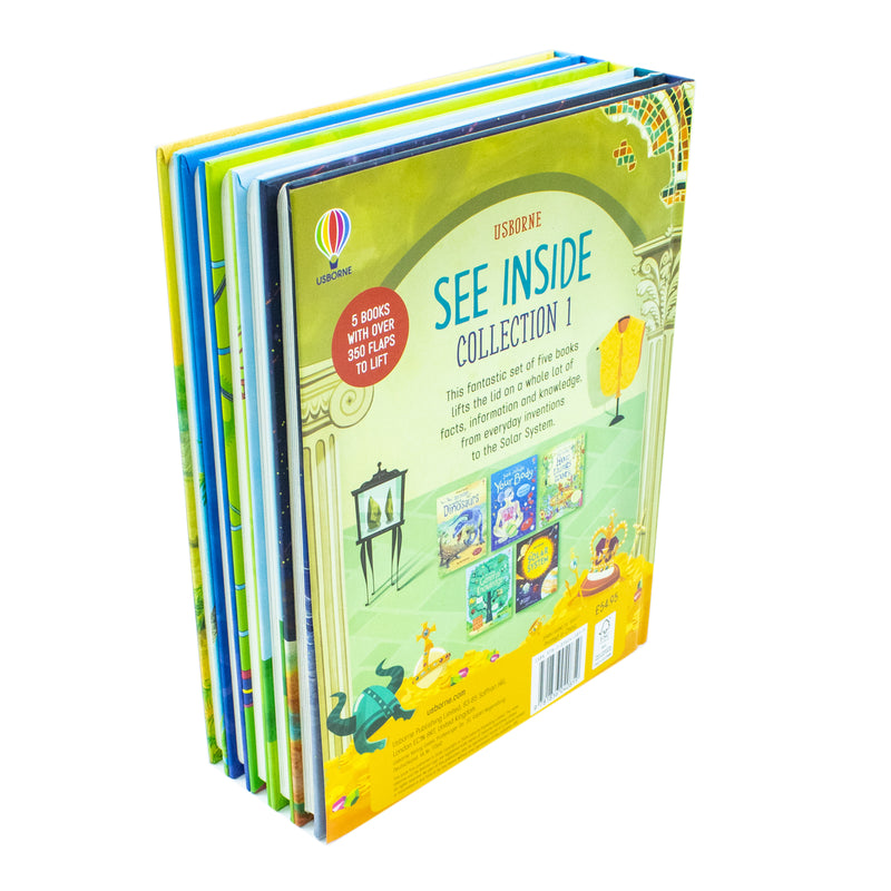 Usborne See Inside collection of 5 educational books with over 350 lift-the-flap features, including The World of Dinosaurs.