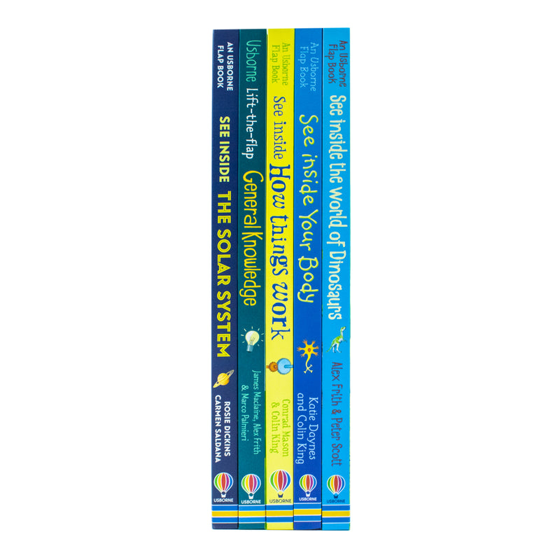 Usborne See Inside collection with 5 books by Alex Frith, Katie Daynes, Conrad Mason, and Rosie Dickins, featuring over 350 lift-the-flap pages.
