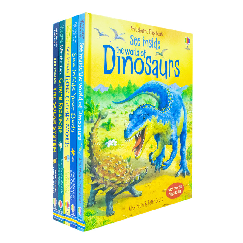 Usborne See Inside collection of 5 children's books with over 350 lift-the-flap pages, including "The World of Dinosaurs," by Alex Frith.
