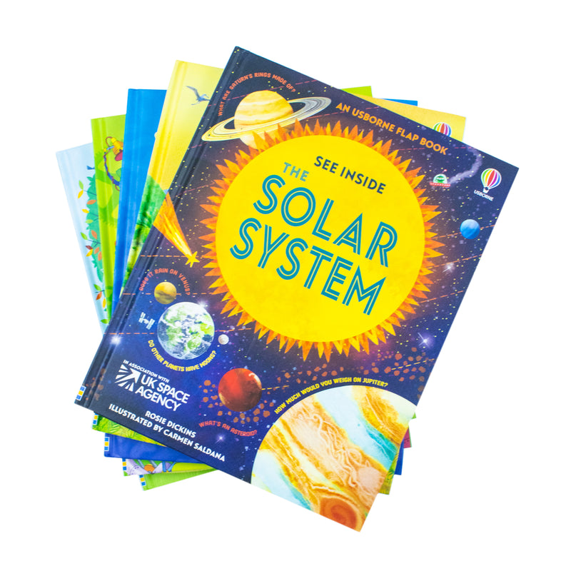 Usborne See Inside collection of 5 children's books with over 350 flaps, including The World of Dinosaurs, by Alex Frith and team.