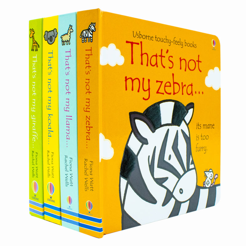 Usborne Touchy-Feely That's Not My Zoo collection with 4 books featuring a zebra, llama, koala, and giraffe by Fiona Watt.