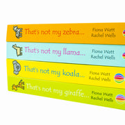 Usborne Touchy-Feely That's Not My Zoo collection set with four books featuring a zebra, llama, koala, and giraffe by Fiona Watt.