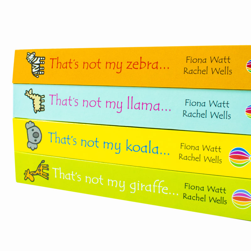 Usborne Touchy-Feely That's Not My Zoo collection set with four books featuring a zebra, llama, koala, and giraffe by Fiona Watt.