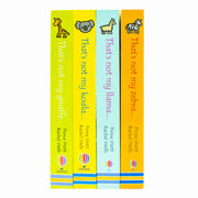 Set of four Usborne Touchy-Feely That's Not My Zoo books featuring Zebra, Llama, Koala, and Giraffe with textured pages.