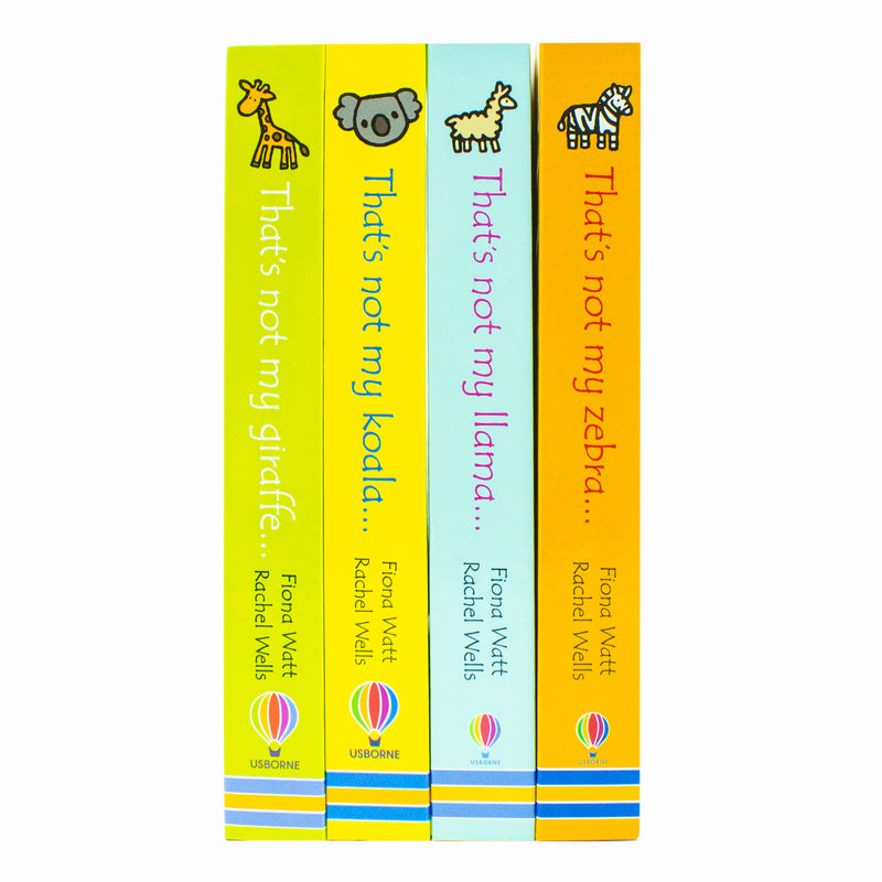 Set of four Usborne Touchy-Feely That's Not My Zoo books featuring Zebra, Llama, Koala, and Giraffe with textured pages.