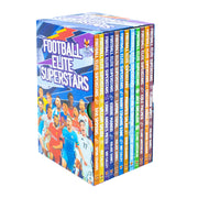 Football Elite Superstars 12-book box set by Simon Edwards, featuring Kobbie Mainoo, Lionel Messi, and other football legends.