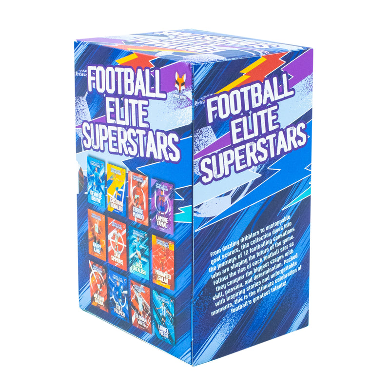 Football Elite Superstars 12-book box set by Simon Edwards and Roy Calley, featuring Lionel Messi and Kobbie Mainoo, published by Fox Eye.