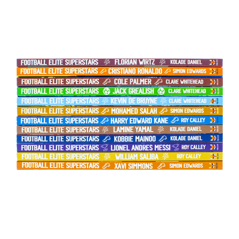 Football Elite Superstars 12-book box set by Simon Edwards, featuring Kobbie Mainoo and Lionel Messi, published by Fox Eye Publishing.