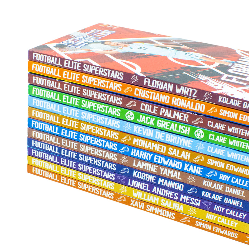 Football Elite Superstars 12-book box set by Simon Edwards, featuring Kobbie Mainoo and Lionel Messi, published by Fox Eye Publishing.