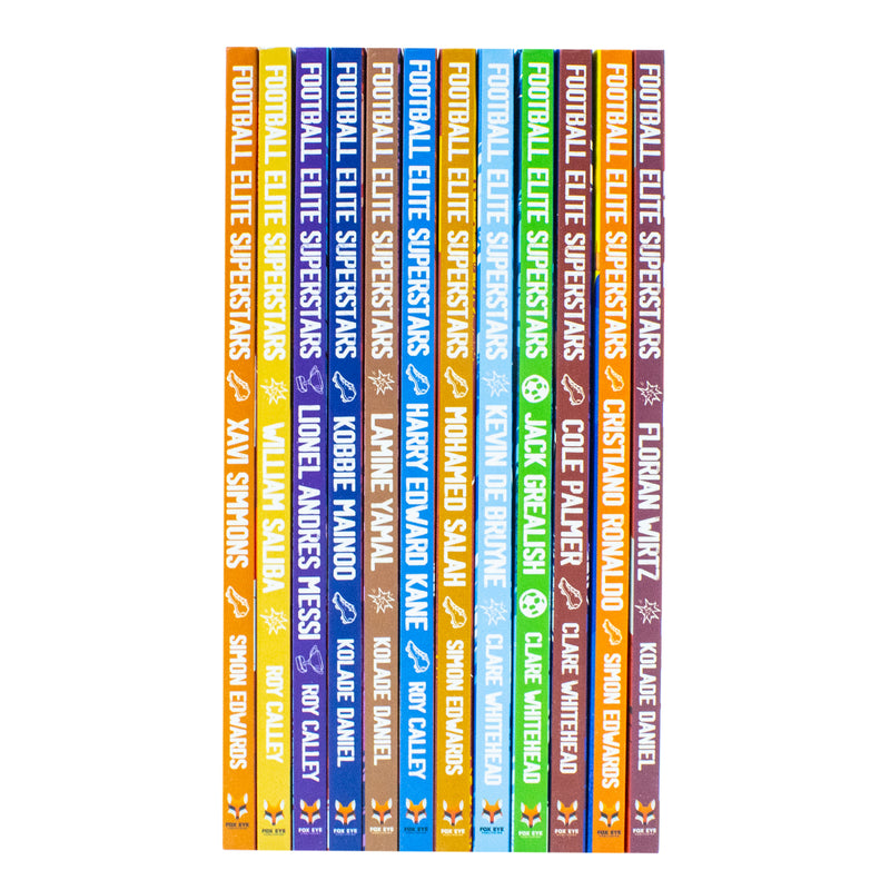 Football Elite Superstars 12-book box set by Simon Edwards, featuring profiles of Lionel Messi, Kobbie Mainoo, and other football stars.
