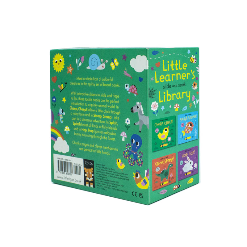 Little Learner's Slide and Seek Series 4 books collection box set by Sophie Ledesma, featuring colorful children's books with playful illustrations.