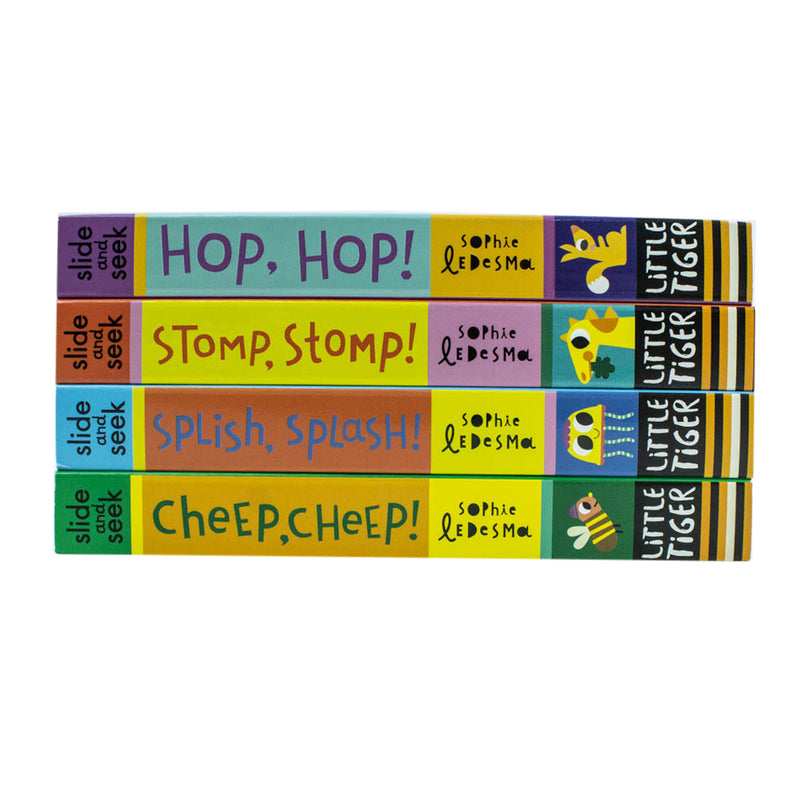 Little Learner's Slide and Seek Series 4 books box set by Sophie Ledesma, featuring Hop Hop, Stomp Stomp, Splish Splash, and Cheep Cheep.