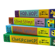 Little Learner's Slide and Seek Series 4 books box set by Sophie Ledesma, featuring colorful illustrations of hop, stomp, splash, and cheep.