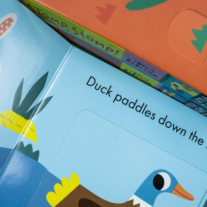 Little Learner's Slide and Seek Series 4 books collection box set by Sophie Ledesma, featuring Hop Hop, Stomp Stomp, Splish Splash, and Cheep Cheep.