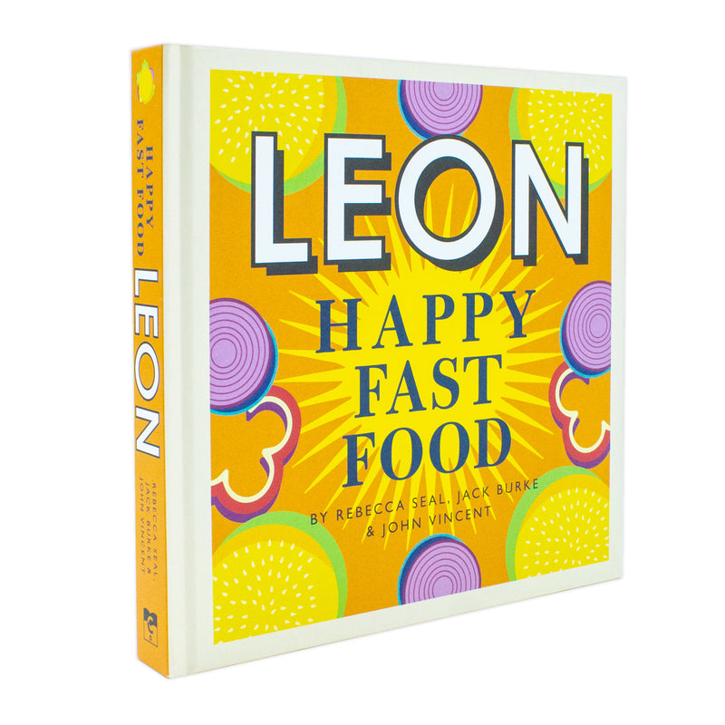 Hardcover book titled "Leon Happy Fast Food" by Rebecca Seal, John Vincent, and Jack Burke, featuring colorful fast food illustrations.