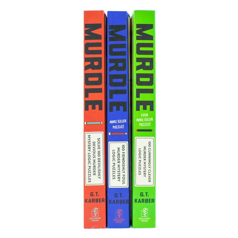 Set of three Murdle Puzzle Series books by G. T. Karber, featuring colorful covers and intriguing puzzle designs.