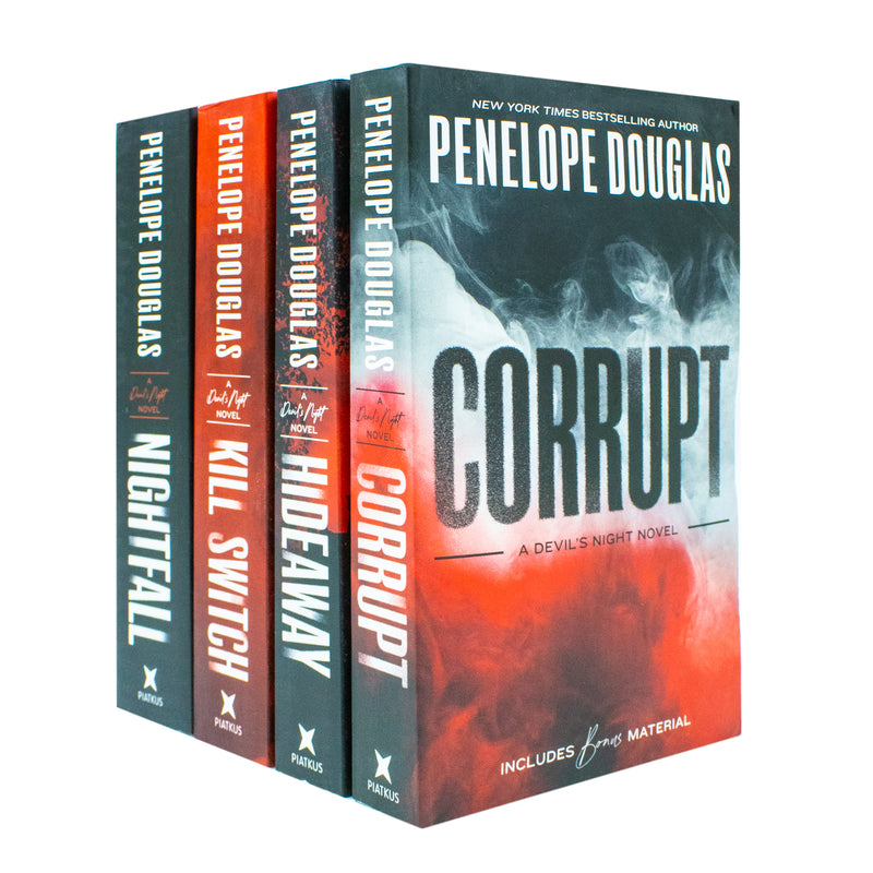 Devil's Night Series 4 books collection by Penelope Douglas, including Corrupt and Hideaway, displayed together.