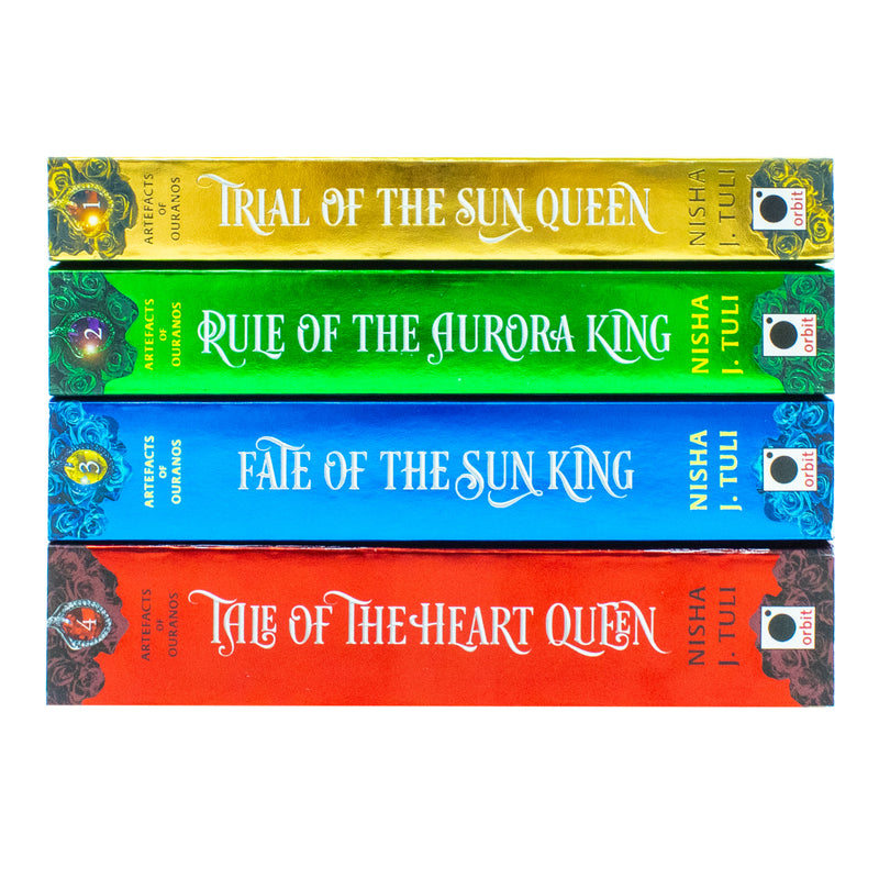 Orbit Ltd Artefacts of Ouranos Series 4-book collection set by Nisha J. Tuli featuring the Trial of the Sun Queen and Rule of the Aurora King.