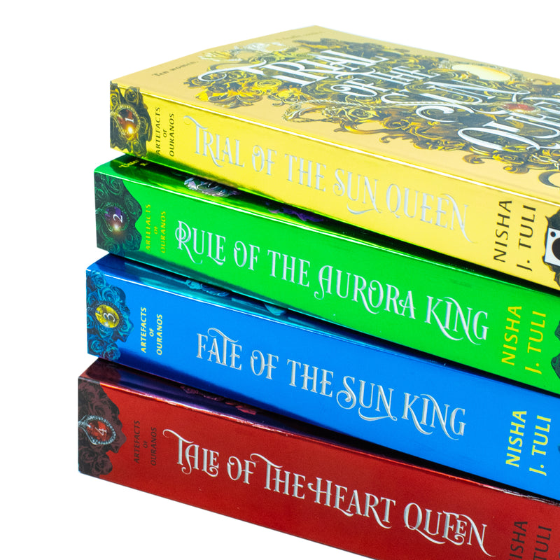 Set of four Orbit Ltd fantasy books from Nisha J. Tuli's Artefacts of Ouranos series, featuring vibrant cover art and titles.