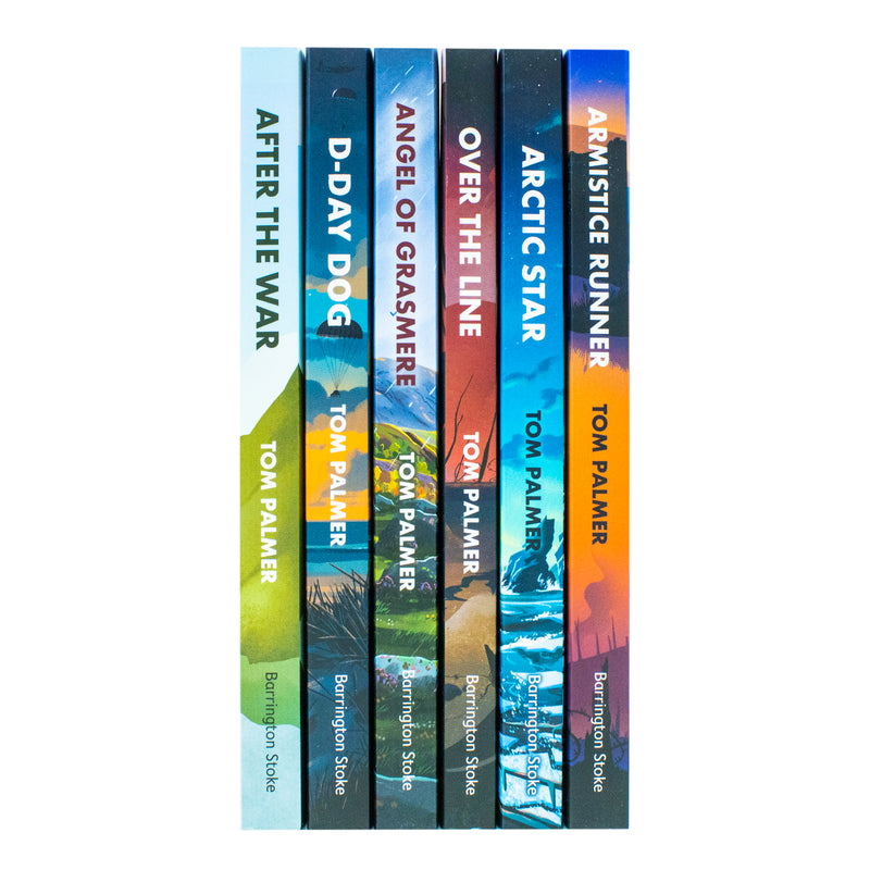 Six-book set from Tom Palmer's Historical Heroes Collection by Barrington Stoke Ltd, featuring inspiring wartime stories in colorful covers.