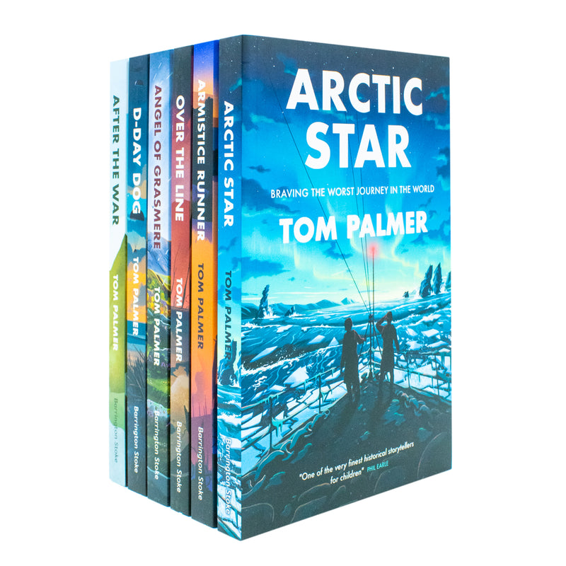 Six-book set of Tom Palmer Historical Heroes Collection by Barrington Stoke Ltd featuring inspiring wartime stories and colorful cover art.