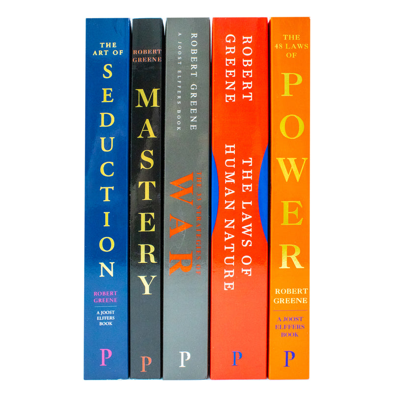 Set of five Robert Greene books from the Modern Machiavellian Series, including The 48 Laws of Power and The Art of Seduction.