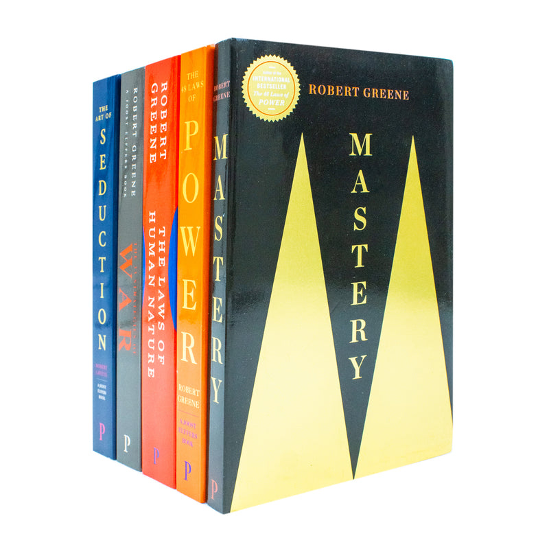 Set of five Robert Greene Modern Machiavellian Series books including The 48 Laws of Power and The Art of Seduction, displayed together.