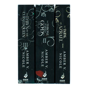 Set of three paperback dark fantasy books titled Gods and Monsters collection by Amber V. Nicole, featuring mythical creatures and gods.