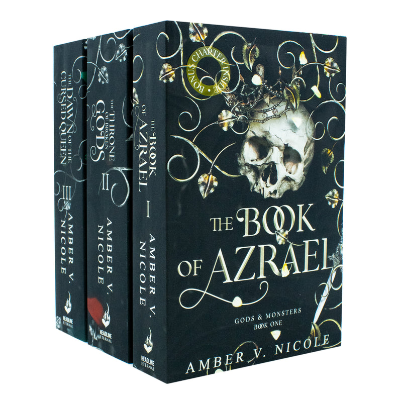 Set of three dark fantasy books titled "Gods and Monsters" by Amber V. Nicole, paperback collection featuring mythic creatures and gods.