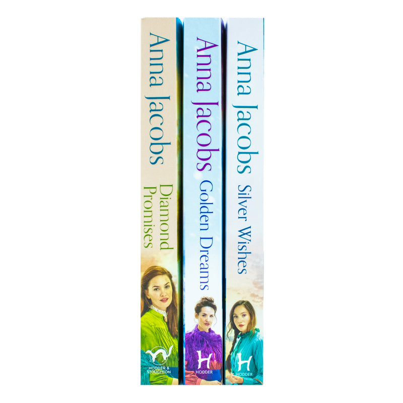Set of three Jubilee Lake Series books by Anna Jacobs: Silver Wishes, Golden Dreams, Diamond Promises, in hardcover edition.
