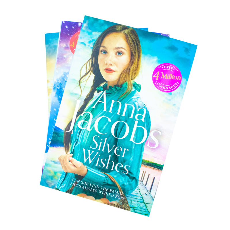 Set of three Jubilee Lake Series books by Anna Jacobs including Silver Wishes, Golden Dreams, and Diamond Promises in H Ltd edition.