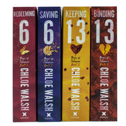 Set of four Boys of Tommen series books by Chloe Walsh, including Binding 13, Keeping 13, Saving 6, and Redeeming 6 in hardcover.
