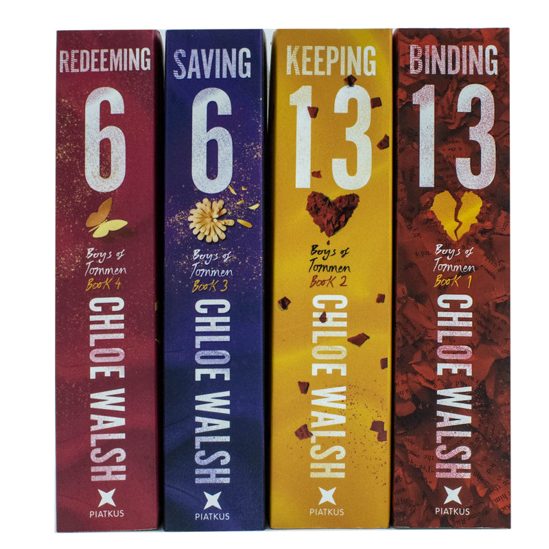 Set of four Boys of Tommen series books by Chloe Walsh, including Binding 13, Keeping 13, Saving 6, and Redeeming 6 in hardcover.