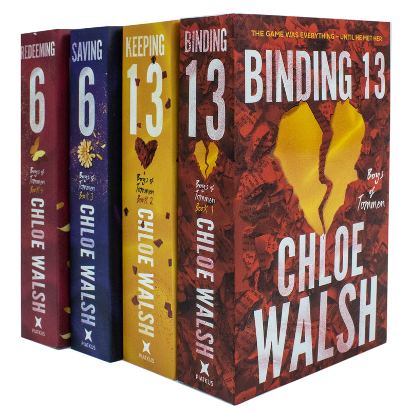 Set of four Boys of Tommen series books by Chloe Walsh, including Binding 13, Keeping 13, Saving 6, and Redeeming 6, published by Little Brown.