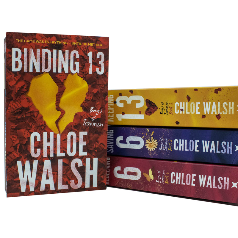 Set of four Boys of Tommen series books by Chloe Walsh, featuring colorful covers and titles Binding 13, Keeping 13, Saving 6, Redeeming 6.