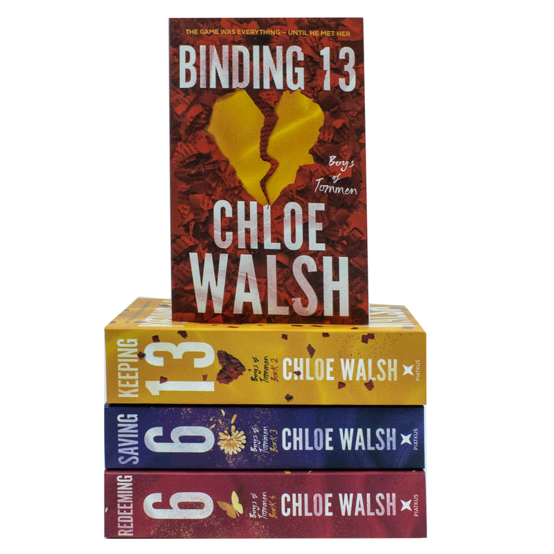 Set of four Boys of Tommen series books by Chloe Walsh, including Binding 13, Keeping 13, Saving 6, and Redeeming 6, published by Little Brown.