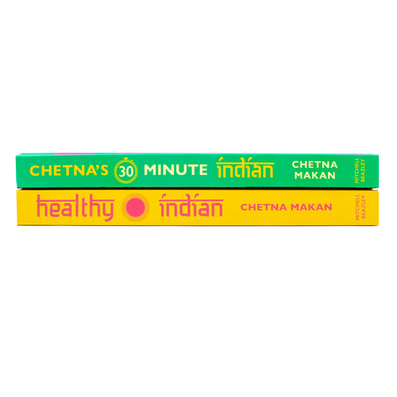 Chetna Makan 2 books set including Chetna's Healthy Indian and 30-minute Indian cookbooks by Mitchell Beazley Ltd, featuring colorful recipe pages.