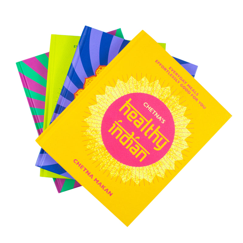 Chetna Makan 4-book collection set by Mitchell Beazley featuring Indian cooking, baking, and healthy Indian recipes, with book covers visible.
