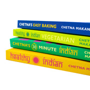 Chetna Makan 4 books collection set on Indian cooking and baking by Mitchell Beazley, featuring colorful covers and recipe pages.