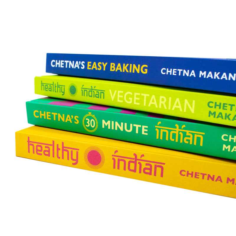 Chetna Makan 4 books collection set on Indian cooking and baking by Mitchell Beazley, featuring colorful covers and recipe pages.