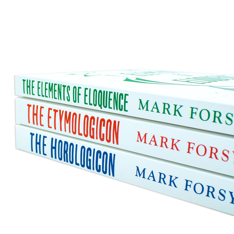 Set of three Mark Forsyth books including The Etymologicon, Elements of Eloquence, and The Horologicon, with book covers visible.