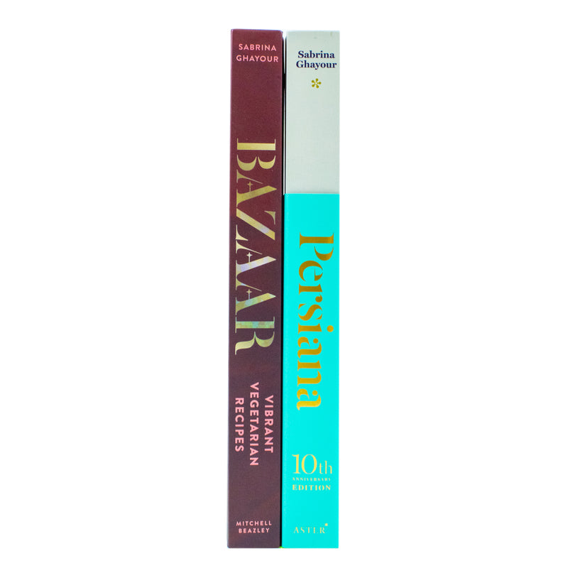 Bazaar & Persiana by Sabrina Ghayour hardcover book set, featuring vibrant covers and culinary inspiration from Middle Eastern cuisine.