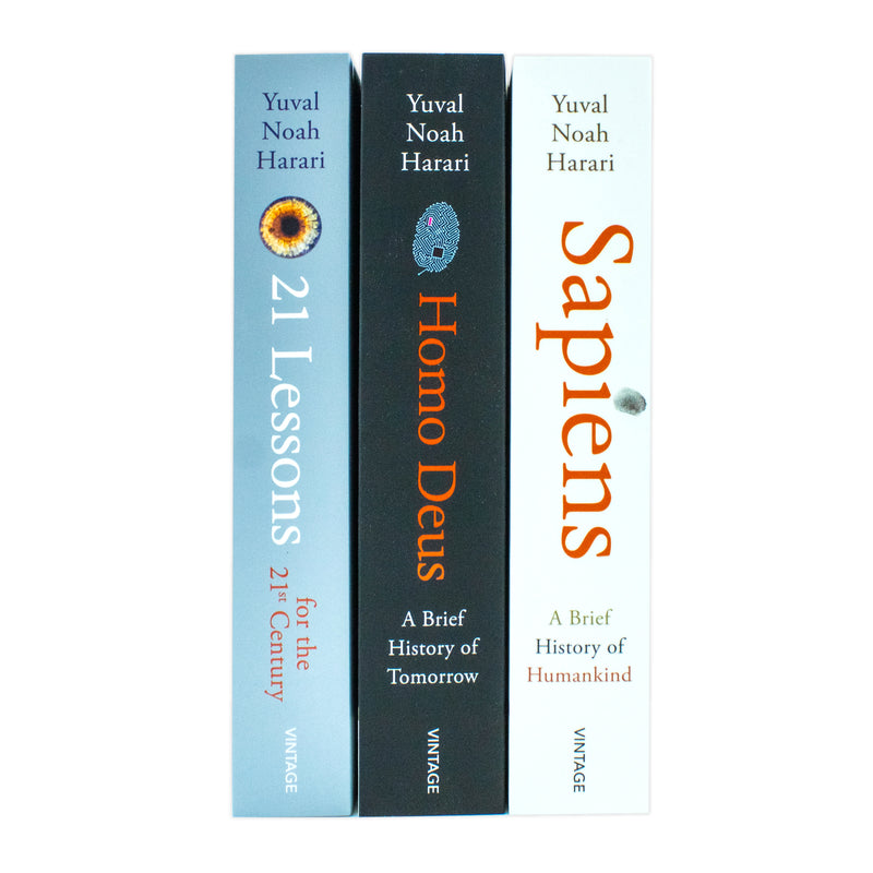 Set of three Yuval Noah Harari non-fiction paperback books from the Vintage/Jonathan Cape collection, featuring colorful covers.