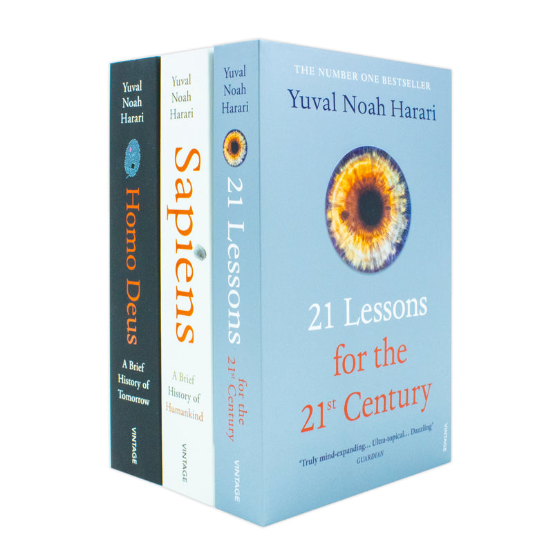 Set of three Yuval Noah Harari non-fiction paperback books from the Vintage/Jonathan Cape collection, featuring titles by the author.