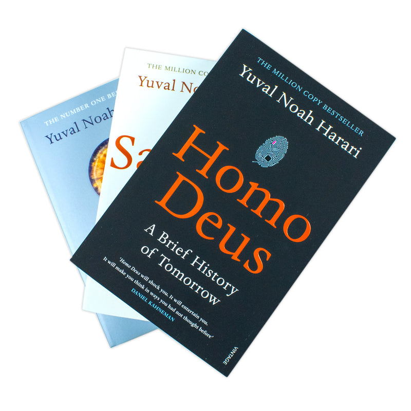 Set of three Yuval Noah Harari non-fiction paperback books from the Vintage/Jonathan Cape collection, featuring titles by Yuval Noah Harari.